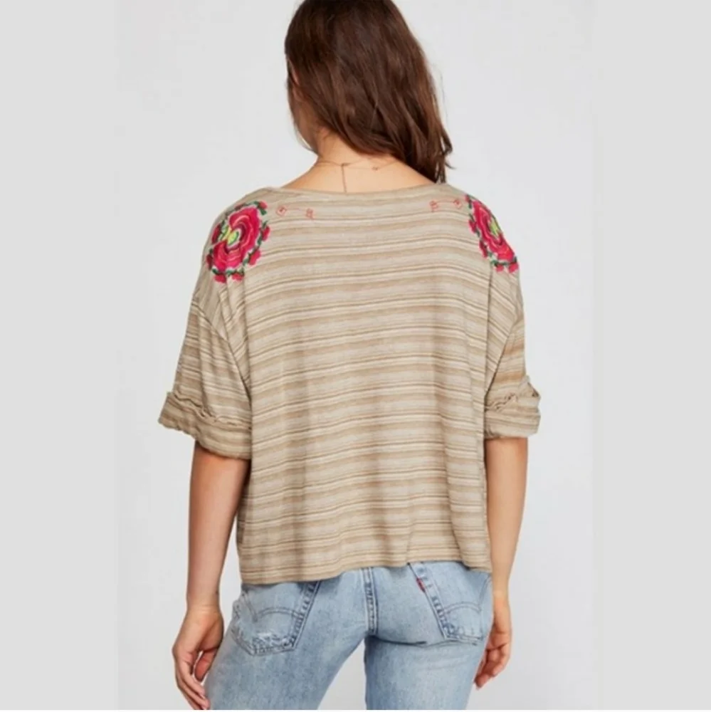 Free People Catalunya Embroidered Oversized Cropped Top in Mushroom Combo Size L - Picture 10 of 16